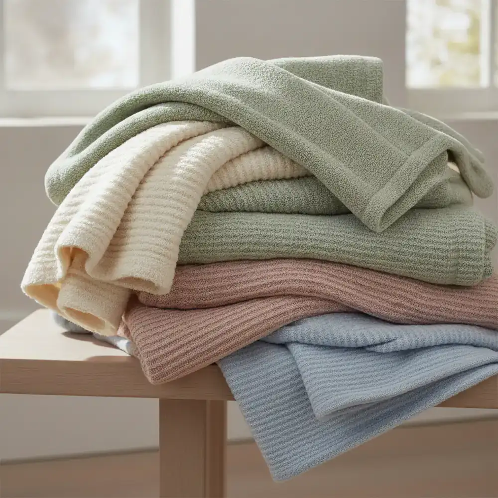 Folded soft textured blankets in soothing tones