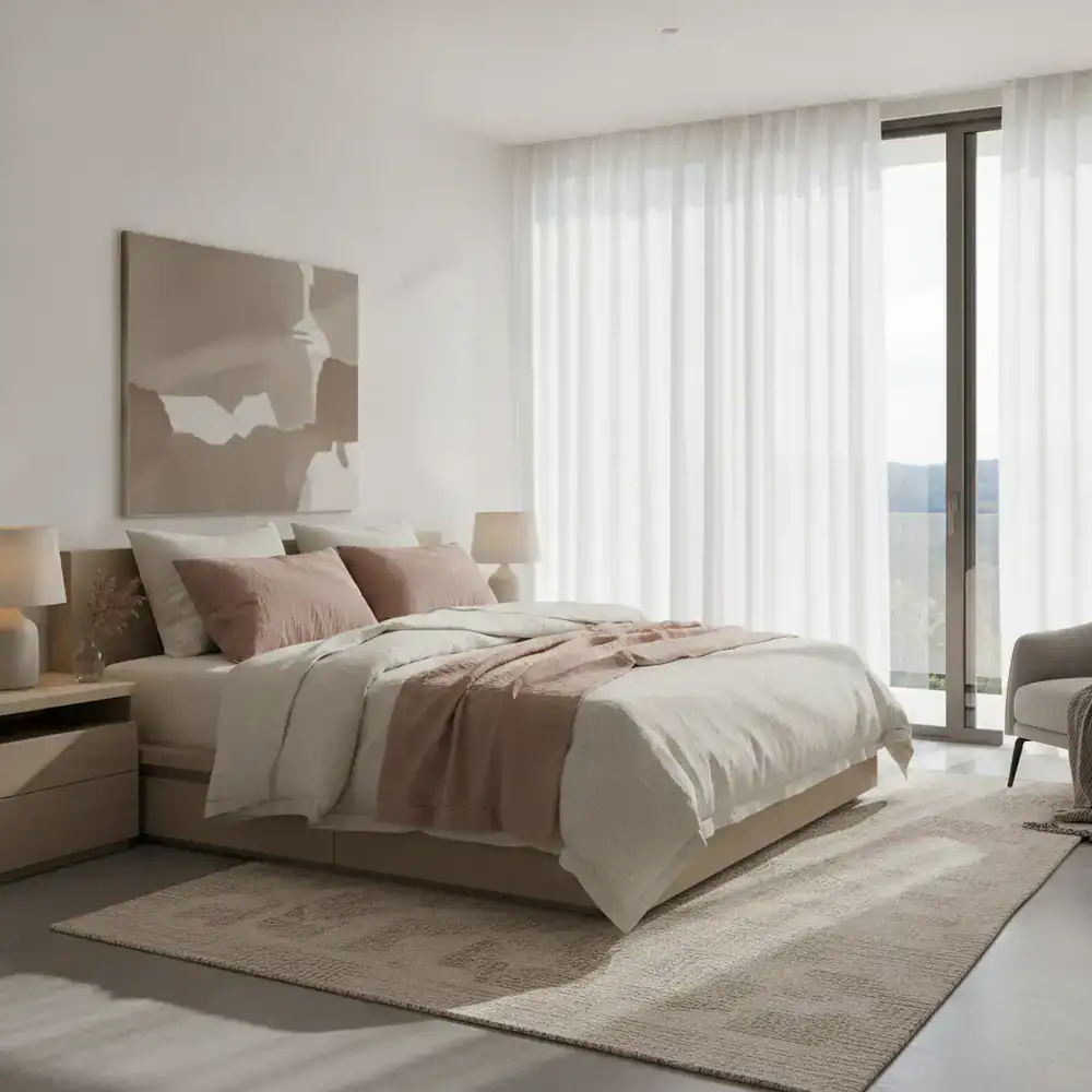 A calm, sunlit modern bedroom with premium bedding