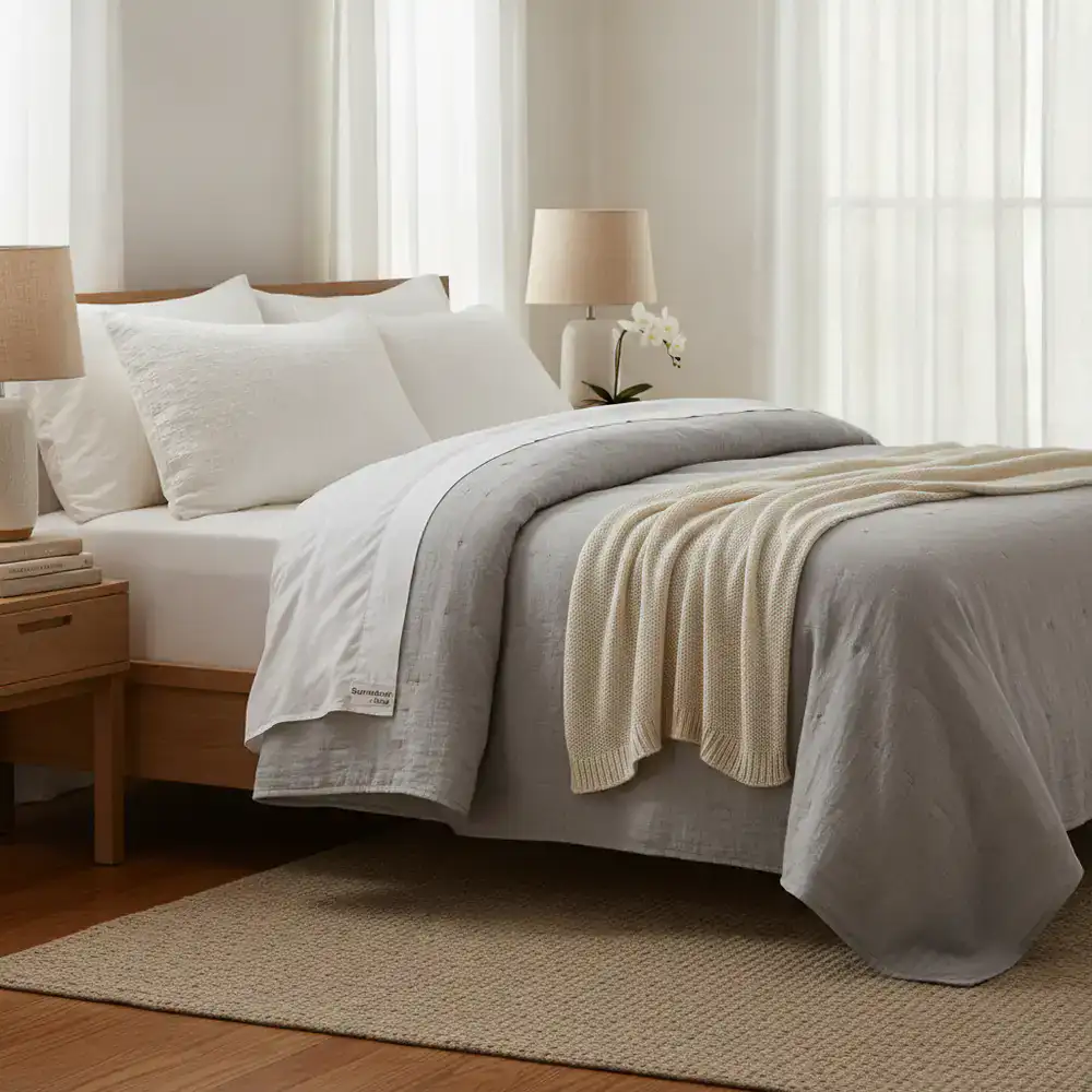 A softly lit, relaxing bedroom setup showing premium SimpleMarket Sleep pillows and blankets