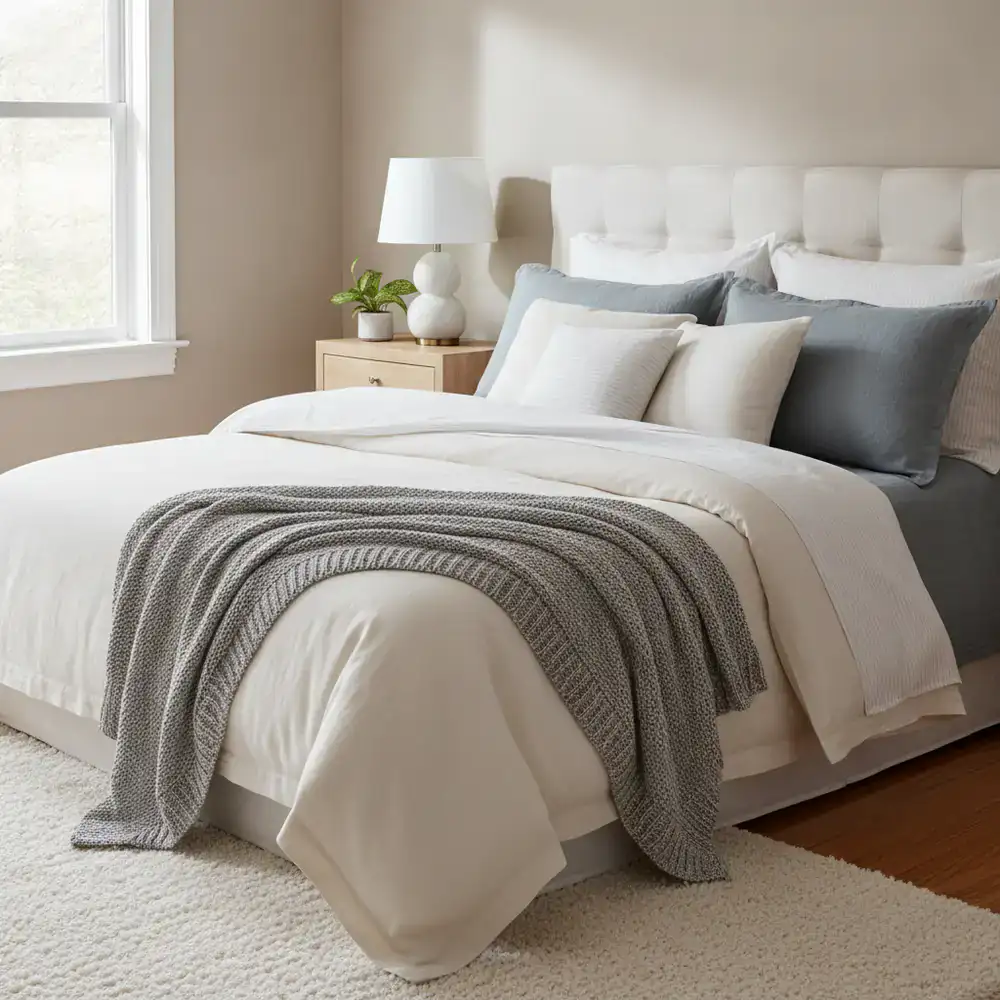 A serene and cozy bedroom setup with premium layered bedding