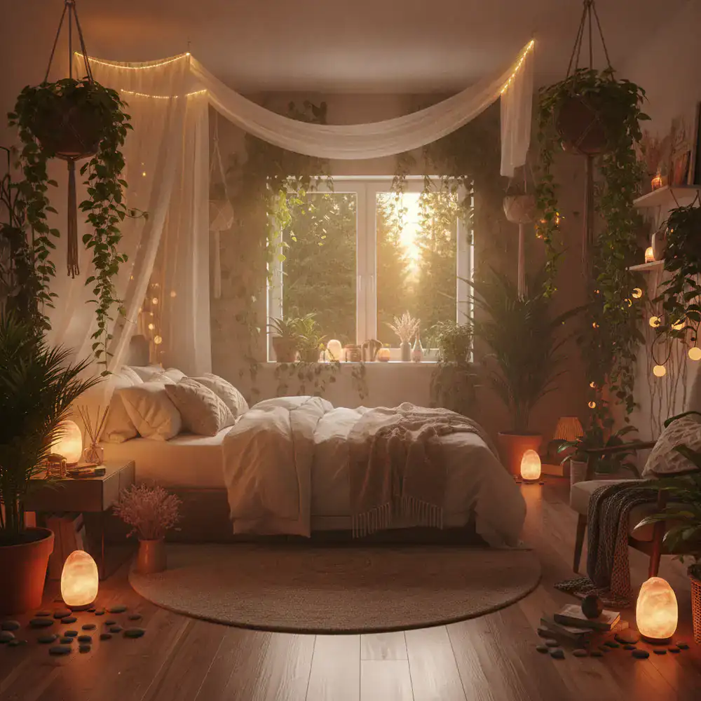 A relaxing, lush bedroom sanctuary setting with soft warm lighting