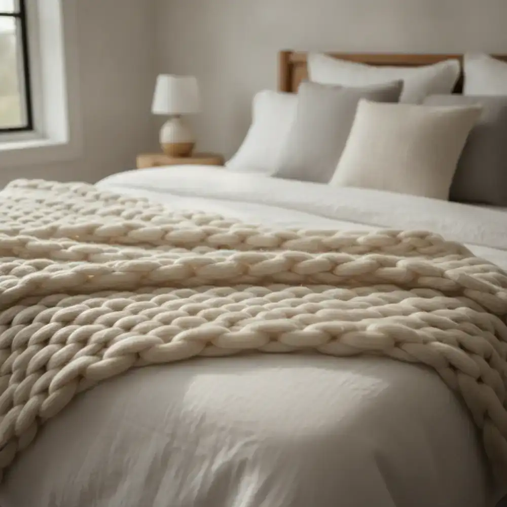 Textured chunky knit blanket elegantly draped on a bed