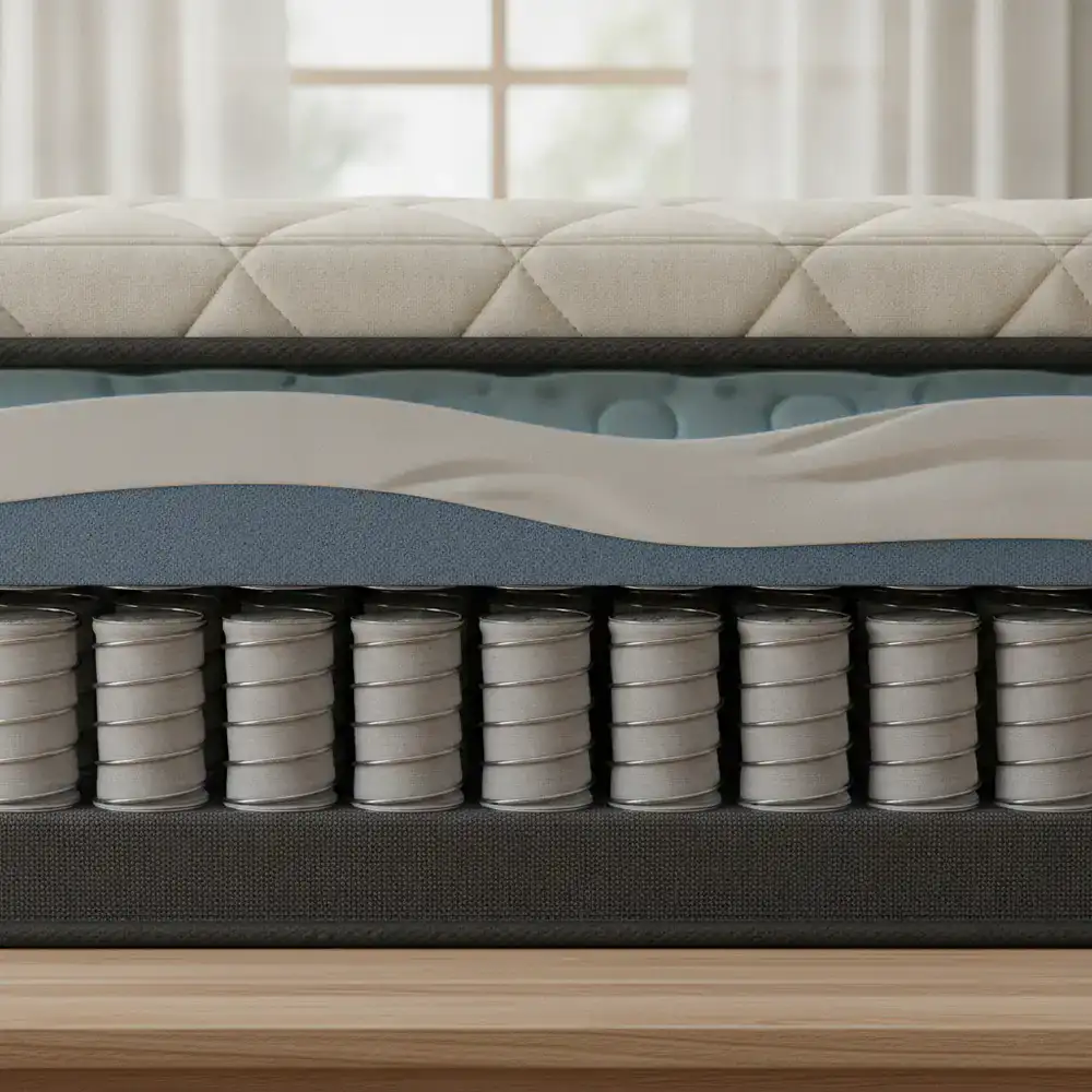 Cross-section showing layers of a hybrid mattress