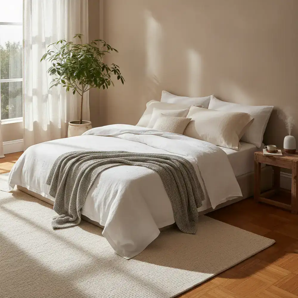 A neatly made premium bed in a sunlit room emphasizing comfort and relaxation