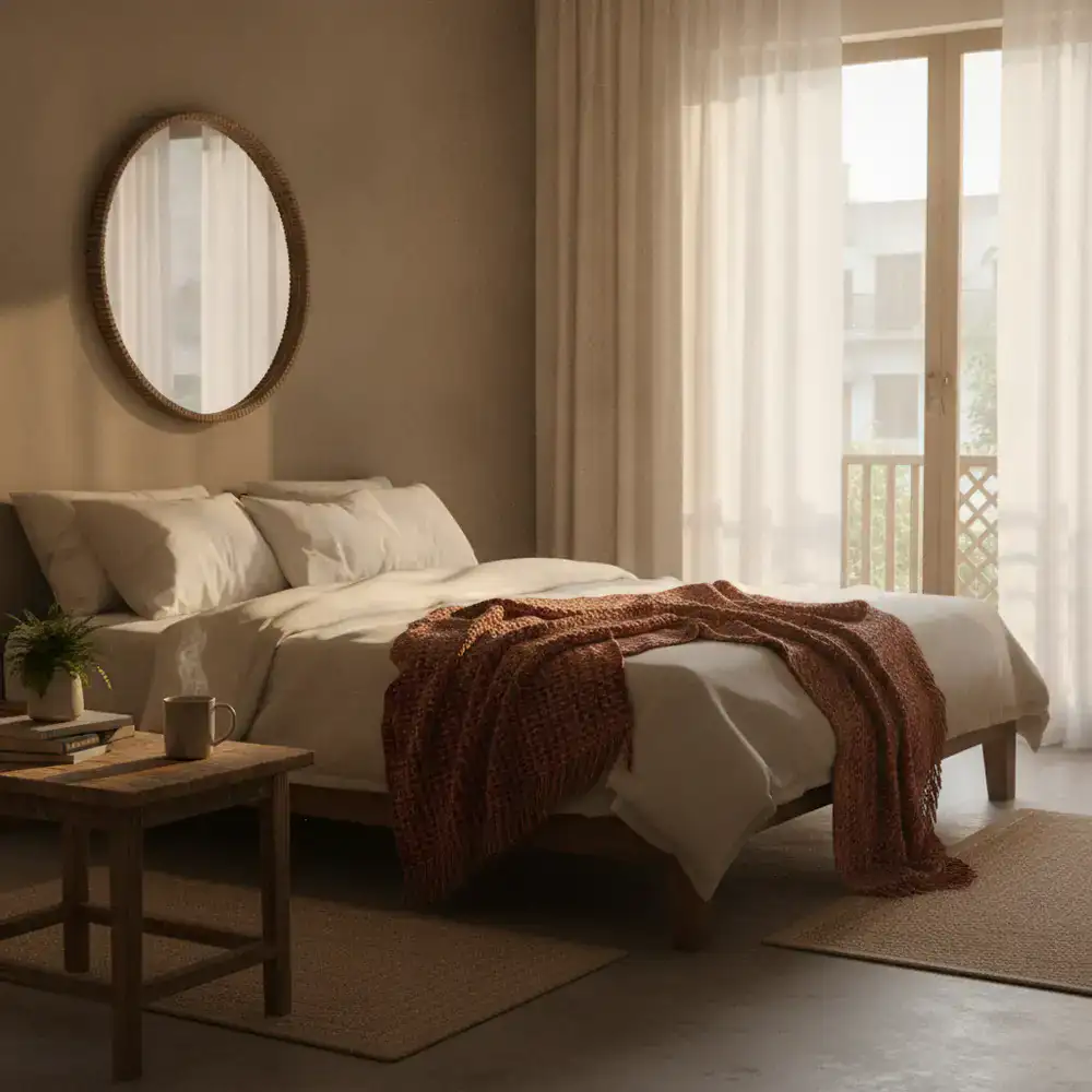 A warm, comfortable bedroom setting with morning light in Dhaka